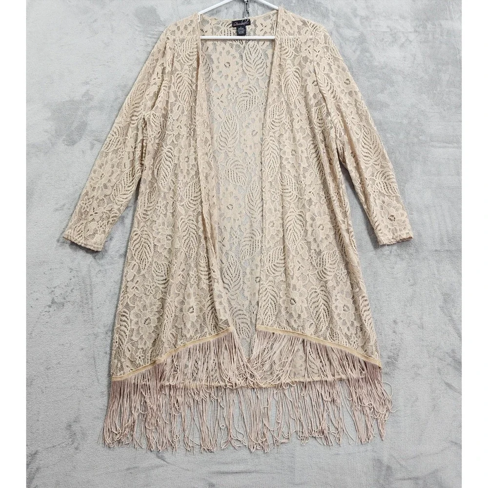 Questions Cardigan Women 1X Beige Lace Kimono Fringe Hem Duster Boho Cottagecore